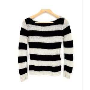 Brandy Melville fuzzy mohair pullover sweater black & white stripes boatneck OS